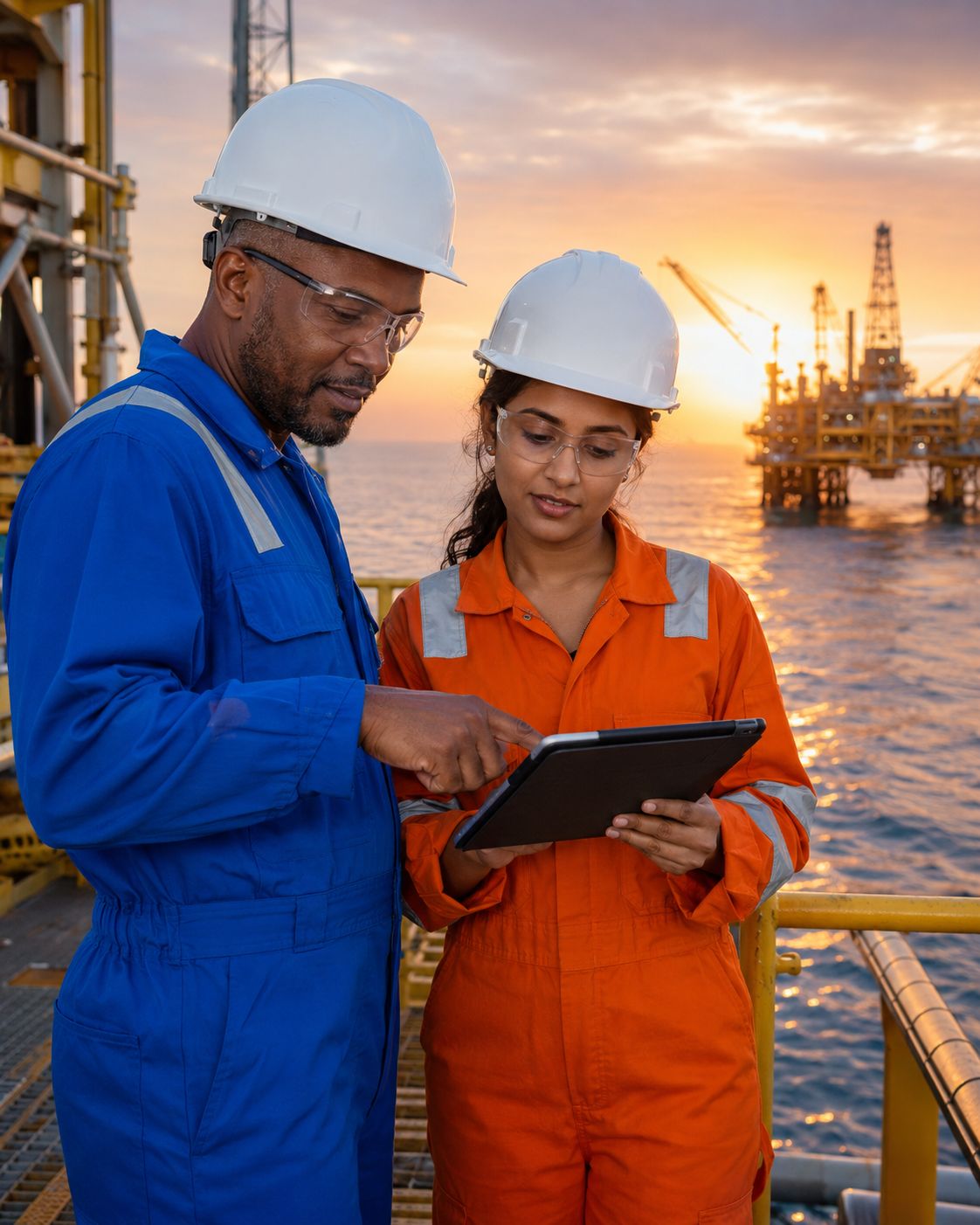 Offshore operations at sunset in the Guiana Basin